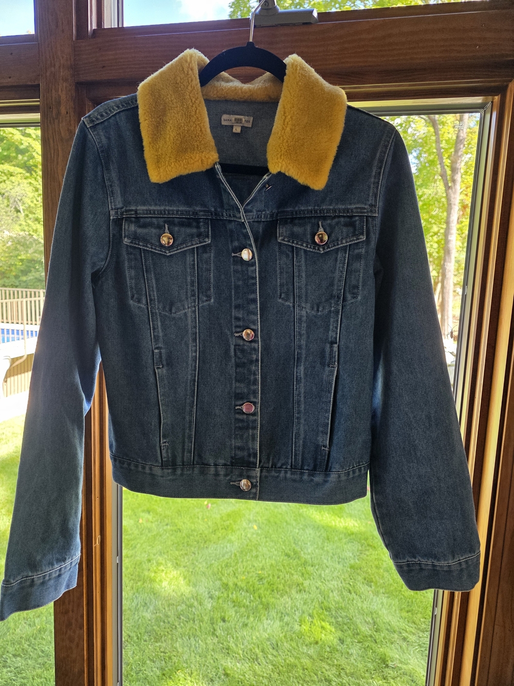 Samantha Sipos Denim Babe Jacket Yellow Sherpa Collar Size Large 100% Cotton